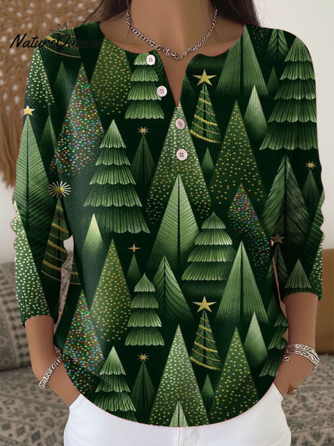 Women's Christmas Tree Pattern Art Print Buttoned Cardigan Sweater