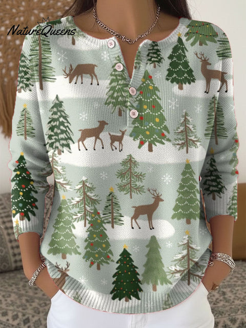 Women's Christmas Tree Deer Pattern Art Print Buttoned Cardigan Sweater