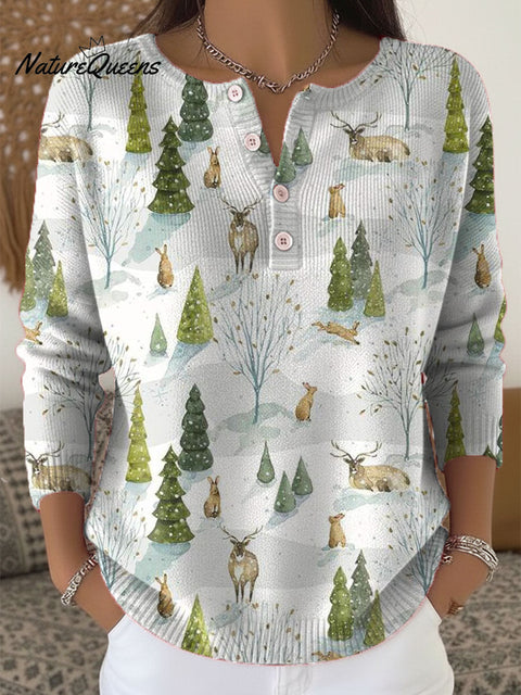 Women's Christmas Tree Animals Pattern Art Print Buttoned Cardigan Sweater