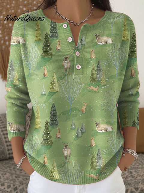 Women's Christmas Tree Animals Pattern Art Print Buttoned Cardigan Sweater