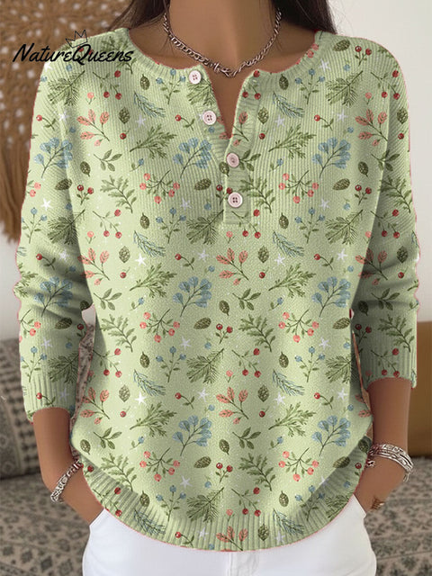 Women's Floral Pattern Art Print Buttoned Cardigan Sweater