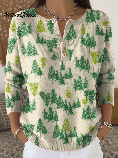 Women's Christmas Tree Pattern Art Print Buttoned Cardigan Sweater