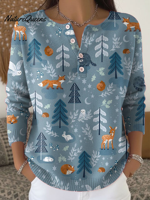 Women's Christmas Tree Animals Pattern Art Print Buttoned Cardigan Sweater