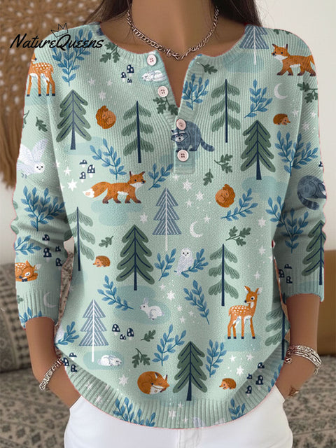 Women's Christmas Tree Animals Pattern Art Print Buttoned Cardigan Sweater
