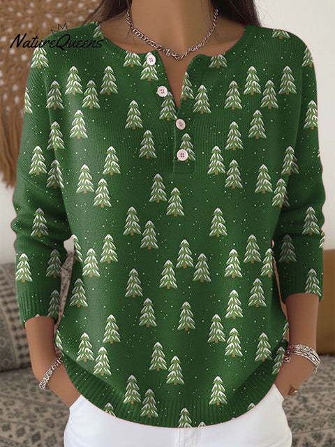 Women's Christmas Tree Pattern Art Print Buttoned Cardigan Sweater