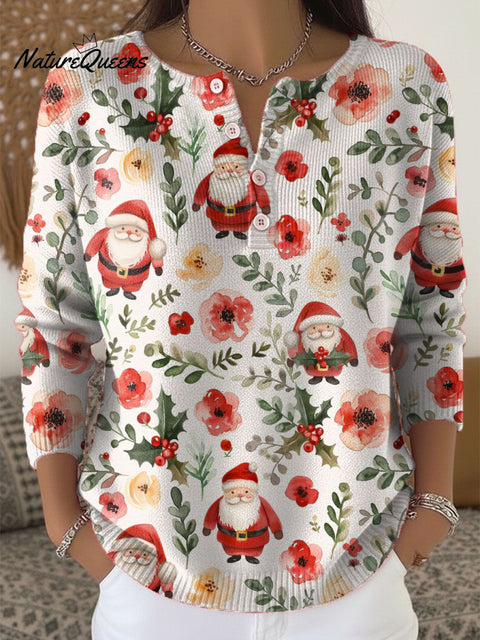 Women's Christmas Santa Pattern Art Print Buttoned Cardigan Sweater