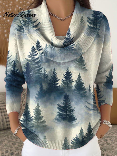 Women's Christmas Tree Art Print Cowl Neck Sweater