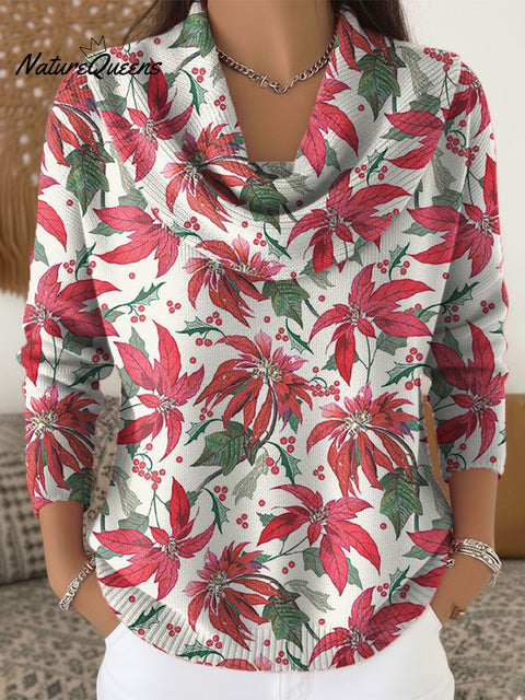 Women's Christmas Floral Pattern Art Print Cowl Neck Sweater