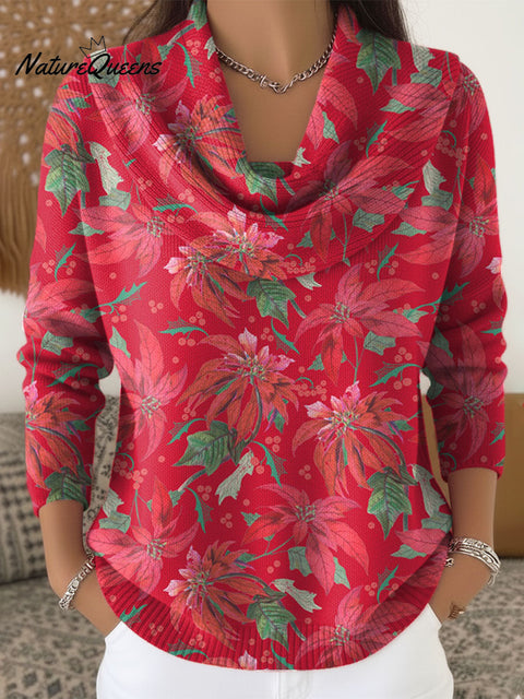 Women's Christmas Floral Pattern Art Print Cowl Neck Sweater