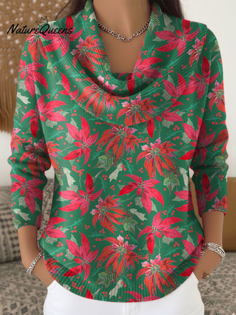 Women's Christmas Floral Pattern Art Print Cowl Neck Sweater