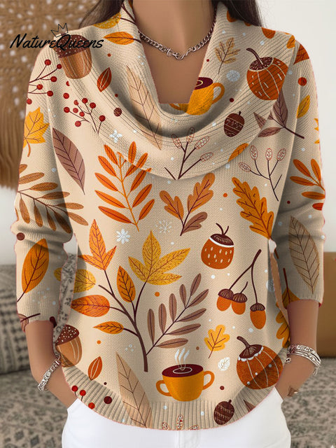 Women's Autumn Pattern Art Print Cowl Neck Sweater