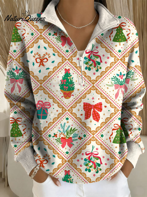 Women's Christmas Pattern Art Print Casual Long Sleeve Zip Sweatshirt