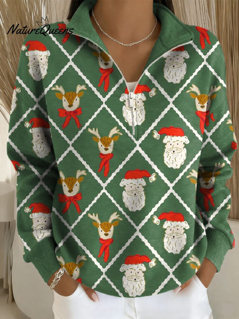 Women's Christmas Santa Deer Pattern Art Print Casual Long Sleeve Zip Sweatshirt