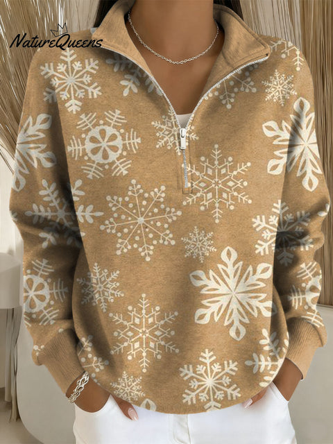 Women's Christmas Snowflake Pattern Art Print Casual Long Sleeve Zip Sweatshirt