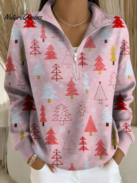 Women's Christmas Tree Pattern Art Print Casual Long Sleeve Zip Sweatshirt