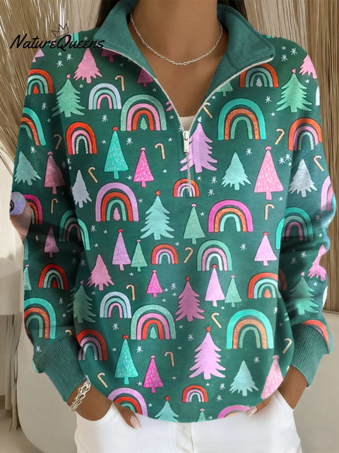 Women's Christmas Tree Pattern Art Print Casual Long Sleeve Zip Sweatshirt