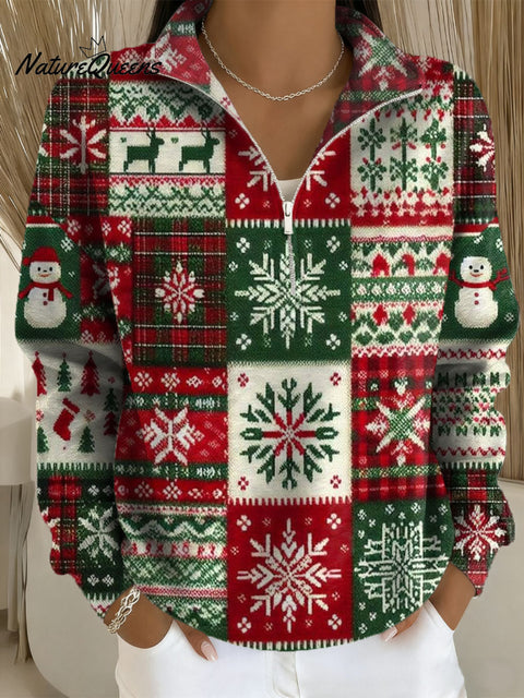 Women's Christmas Pattern Art Print Casual Long Sleeve Zip Sweatshirt