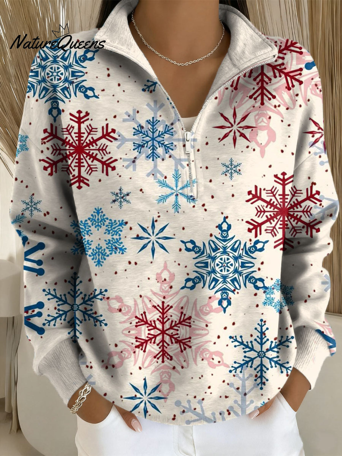 Women's Christmas Snowflake Pattern Art Print Casual Long Sleeve Zip Sweatshirt