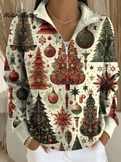 Women's Christmas Tree Pattern Art Print Casual Long Sleeve Zip Sweatshirt