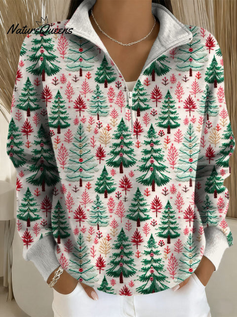 Women's Christmas Tree Pattern Art Print Casual Long Sleeve Zip Sweatshirt