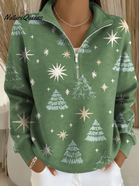 Women's Christmas Tree Pattern Art Print Casual Long Sleeve Zip Sweatshirt