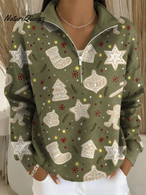 Women's Christmas Pattern Art Print Casual Long Sleeve Zip Sweatshirt