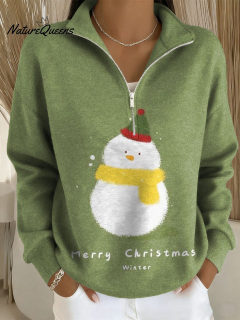 Women's Christmas Snowman Pattern Art Print Casual Long Sleeve Zip Sweatshirt