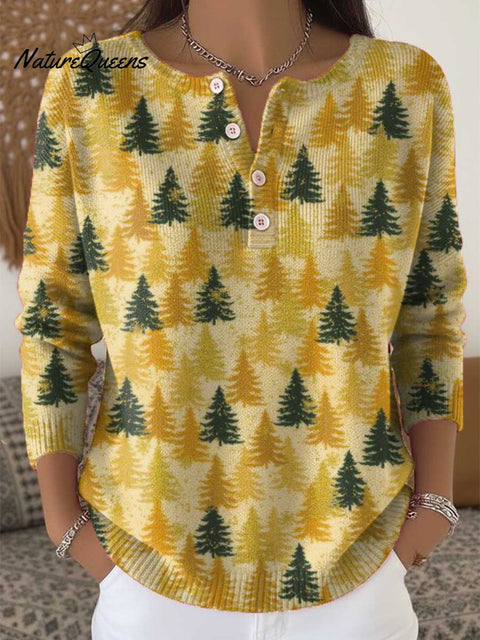 Women's Christmas Tree Art Print Buttoned Cardigan Sweater