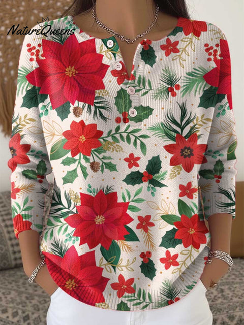 Women's Christmas Floral Pattern Art Print Buttoned Cardigan Sweater