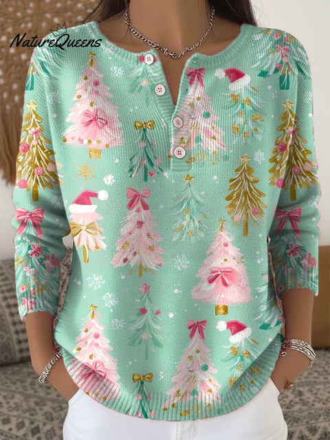 Women's Christmas Tree Art Print Buttoned Cardigan Sweater