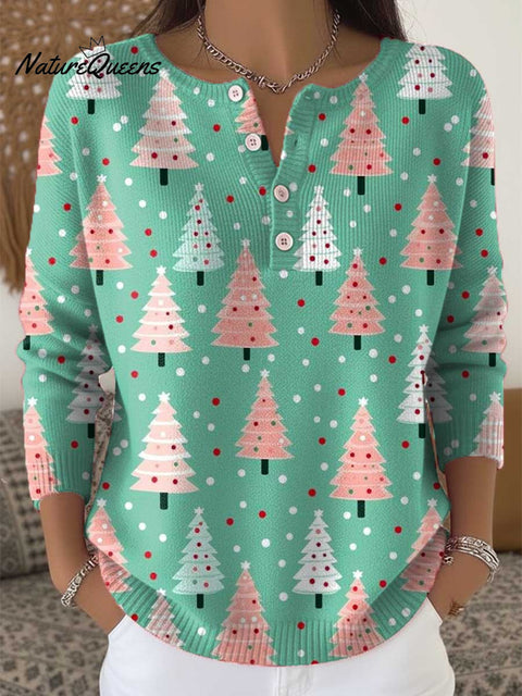 Women's Christmas Tree Art Print Buttoned Cardigan Sweater
