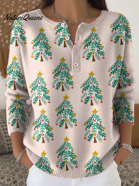 Women's Christmas Tree Art Print Buttoned Cardigan Sweater
