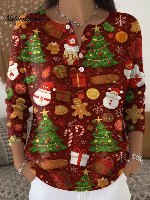 Women's Christmas Tree Santa Art Print Buttoned Cardigan Sweater