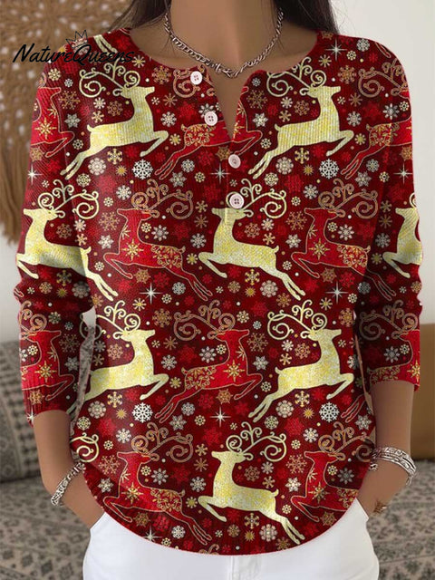 Women's Christmas Deer Art Print Buttoned Cardigan Sweater
