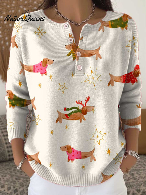 Women's Lovely Christmas Dogs Art Print Buttoned Cardigan Sweater