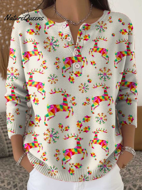 Women's Lovely Christmas Deer Art Print Buttoned Cardigan Sweater
