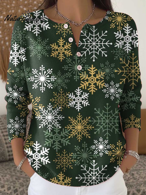 Women's Christmas Snowflake Art Print Buttoned Cardigan Sweater