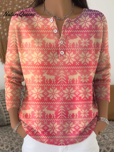 Women's Lovely Christmas Deer Art Print Buttoned Cardigan Sweater