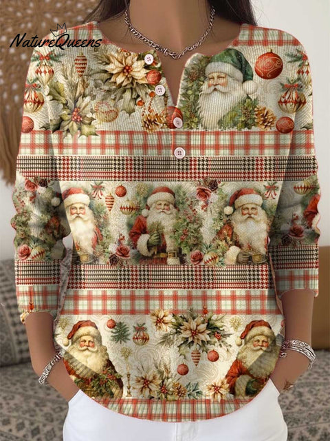 Women's Christmas Santa Pattern Art Print Buttoned Cardigan Sweater