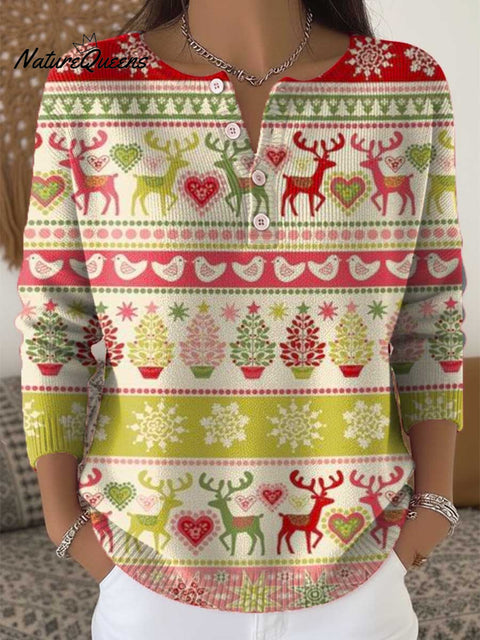 Women's Lovely Christmas Deer Art Print Buttoned Cardigan Sweater