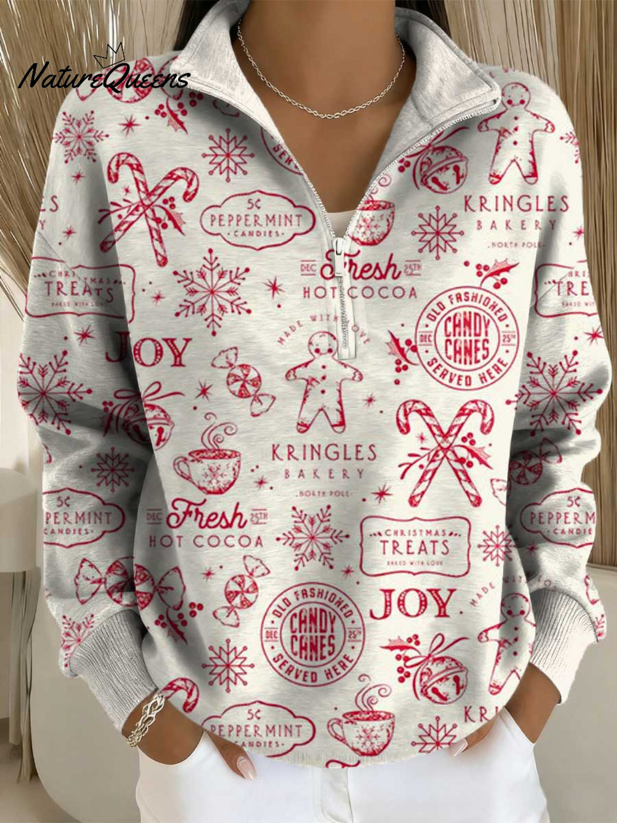 Women's Christmas Pattern Art Print Casual Long Sleeve Zip Sweatshirt