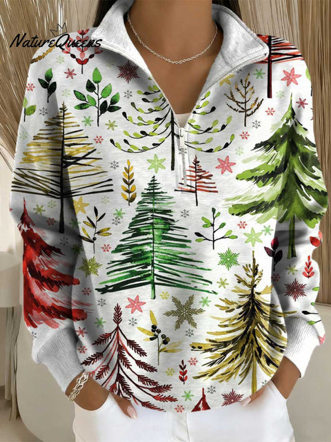 Women's Christmas Tree Pattern Art Print Casual Long Sleeve Zip Sweatshirt