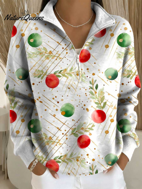Women's Christmas Pattern Art Print Casual Long Sleeve Zip Sweatshirt
