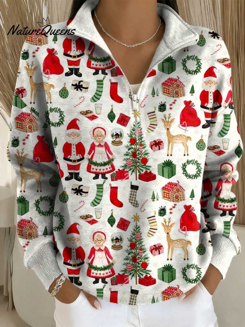 Women's Christmas Tree Santa Pattern Art Print Casual Long Sleeve Zip Sweatshirt