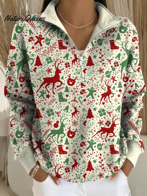 Women's Christmas Deer Pattern Art Print Casual Long Sleeve Zip Sweatshirt