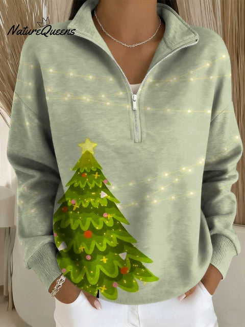 Women's Christmas Tree Pattern Art Print Casual Long Sleeve Zip Sweatshirt