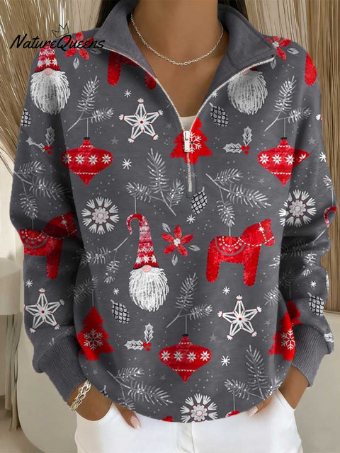 Women's Christmas Pattern Art Print Casual Long Sleeve Zip Sweatshirt