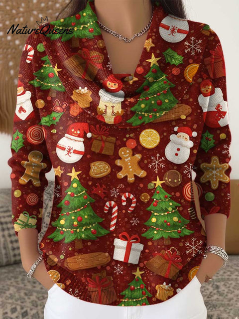 Women's Christmas Pattern Art Print Cowl Neck Sweater