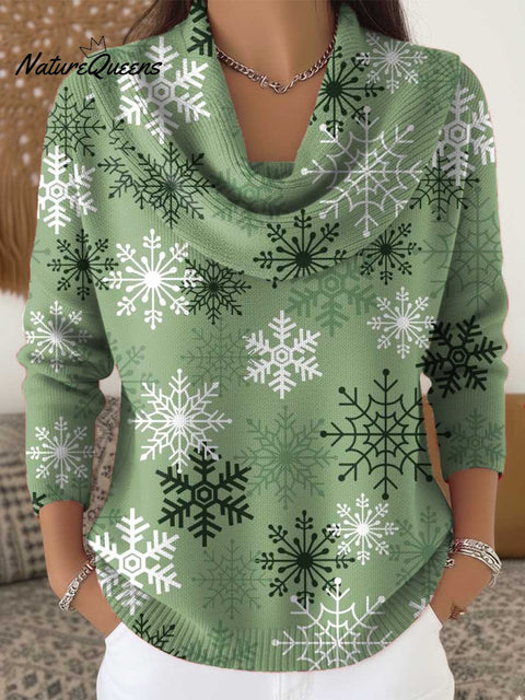 Women's Christmas Snowflake Pattern Art Print Cowl Neck Sweater