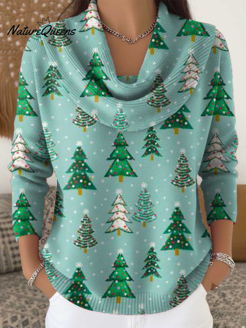 Women's Christmas Tree Pattern Art Print Cowl Neck Sweater